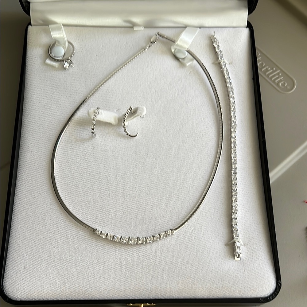 Diamond CZ Jewelry Set Necklace earrings tennis bracelet and ring. Stunning!!